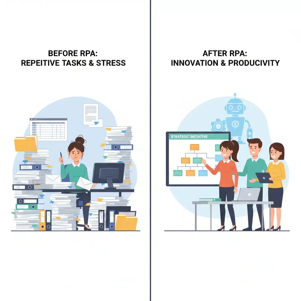 Comparativa visual de empleado antes y después de la implementación de RPA.