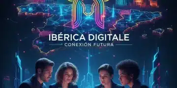 Logo de marca digital futurista con elementos españoles sobre una red digital interconectada de España en 2026.