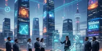Paisaje urbano digital de Madrid con logos de marcas futuristas, representando las tendencias de branding digital en España 2026.