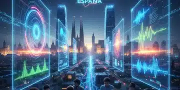 Paisaje de branding digital futurista en España con elementos visuales y sonoros