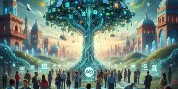 Branding Digital Sostenible en España: Tácticas para 2026 Paisaje digital vibrante con elementos de sostenibilidad y tecnología en España