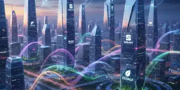 Valores de Marca y Branding Digital en España 2026: Un Estudio Clave Paisaje urbano digital vibrante al anochecer, con logotipos de marcas integrados, simbolizando la conexión y los valores en el branding digital español.