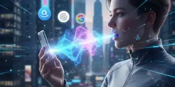 Persona utilizando la búsqueda por voz en un smartphone, con iconos de asistentes de voz flotando alrededor.