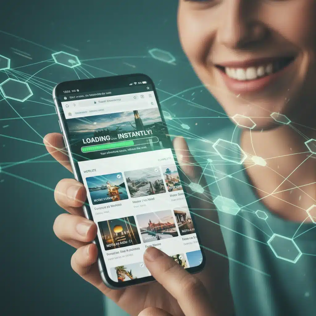 Usuario feliz con carga rápida de página web en su móvil