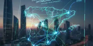 CDN en España 2026: Velocidad Web y Experiencia de Usuario Optimizadas Mapa digital futurista de España con flujos de datos rápidos, representando una CDN optimizando la velocidad web.