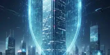 Escudo digital protegiendo edificio corporativo, simbolizando ciberseguridad empresarial avanzada.