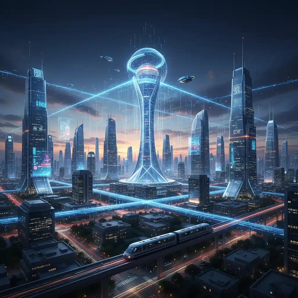 Ciudad futurista con líneas digitales conectando edificios, representando el flujo de datos y la economía digital.