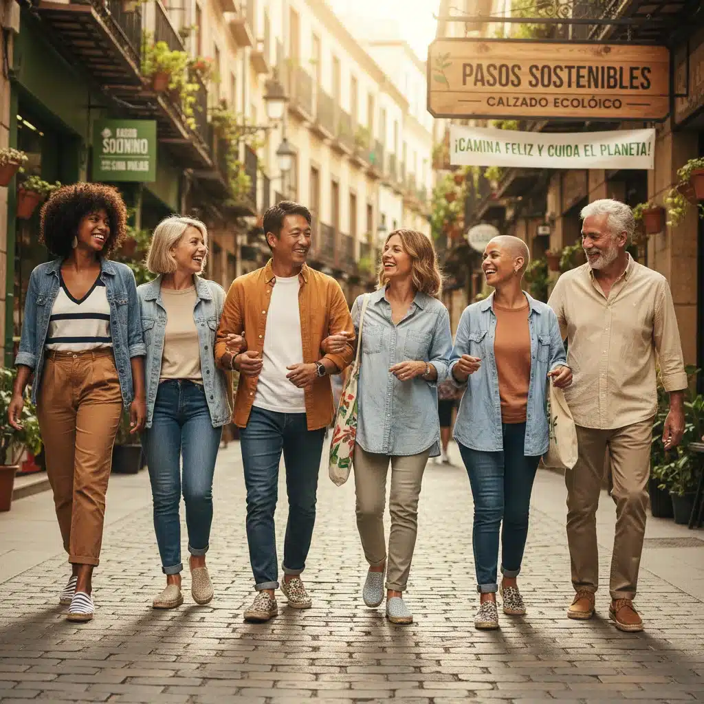 Clientes satisfechos con calzado sostenible: personas diversas usando los zapatos ecológicos en un entorno urbano, reflejando la aceptación del mercado.