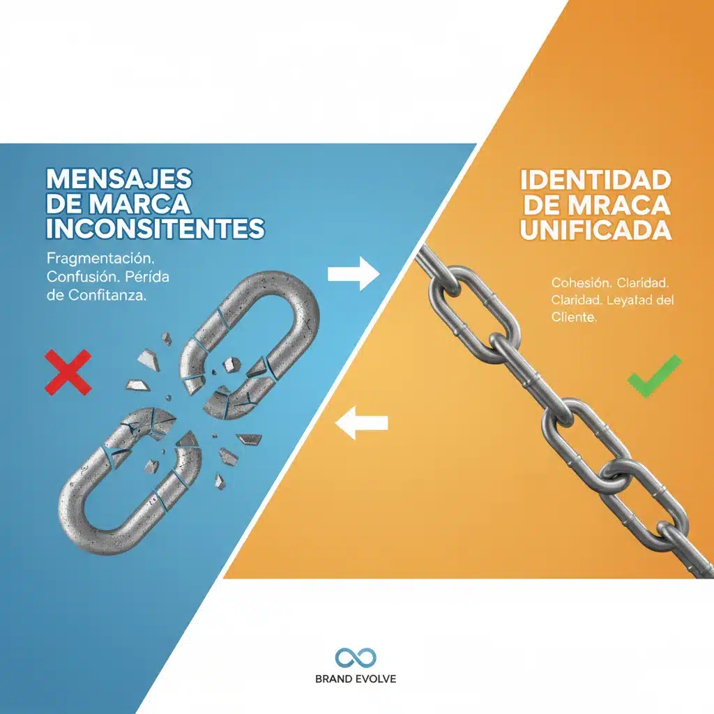 Infografía de cadena rota simbolizando inconsistencia de marca frente a cadena fuerte de identidad unificada.
