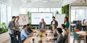Cultura Organizacional: Fomente la Productividad en un 12% a Través de la Gestión del Clima Laboral en 2026 Empleados colaborando en un entorno de oficina moderno, reflejando una cultura organizacional positiva y un clima laboral saludable.