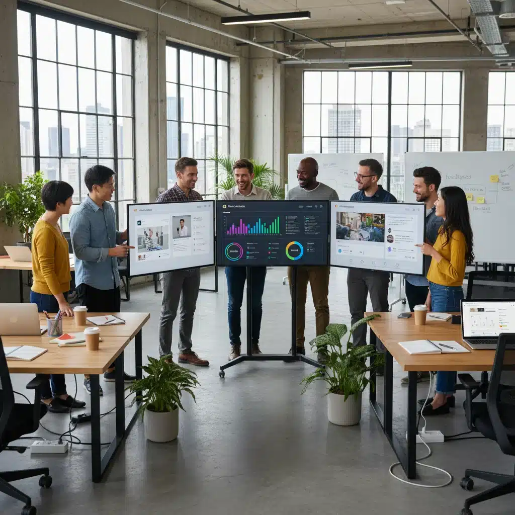 Equipo de profesionales colaborando en un entorno digital, trabajando en estrategias de identidad de marca y analíticas.