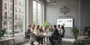 Retención de Talento: Claves para Reducir la Rotación en España Profesionales diversos colaborando en una oficina moderna en España, símbolo de retención de talento y cultura positiva.