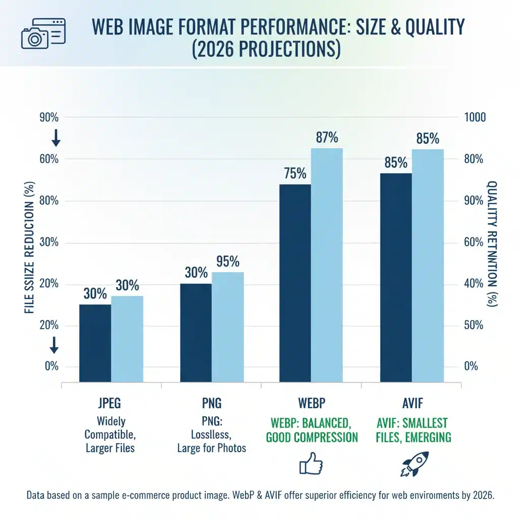 Gráfico comparativo de formatos de imagen (JPEG, PNG, WebP, AVIF) mostrando reducción de tamaño y calidad para SEO en 2026.