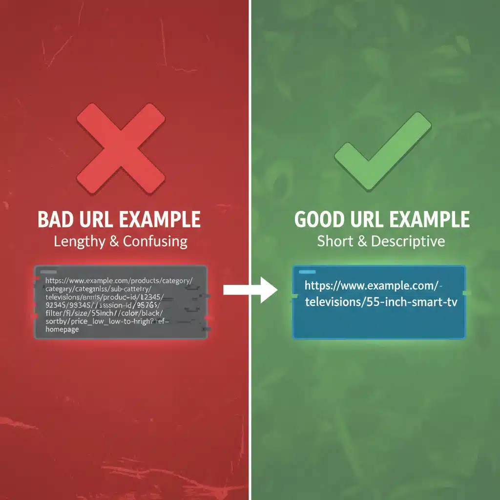 Comparación visual de URLs buenas y malas para SEO