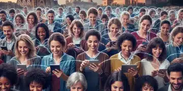Grupo diverso de personas conectadas digitalmente, formando una comunidad de marca vibrante en España para el año 2026.