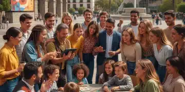 Grupo diverso de personas en España interactuando felizmente, representando una comunidad de marca sólida.
