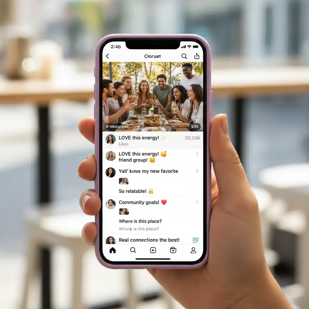 Contenido generado por el usuario en pantalla de smartphone, mostrando interacción auténtica y comunidad digital.