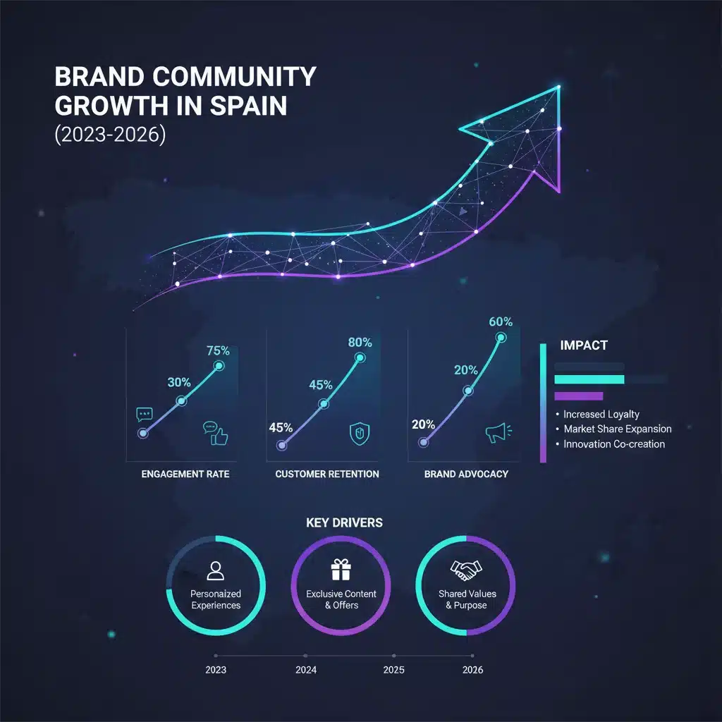 Infografía detallada sobre el crecimiento de comunidades de marca en España hasta 2026, mostrando métricas clave.