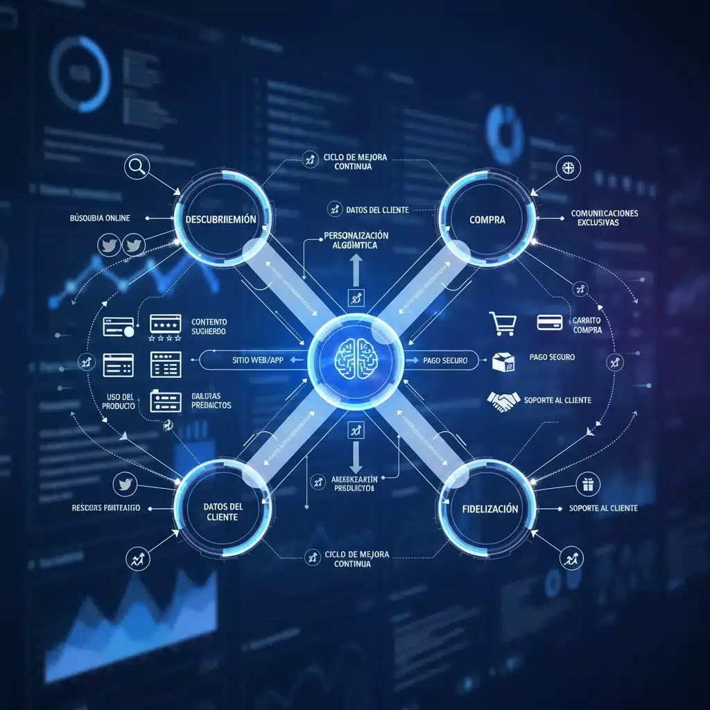 Diagrama de un customer journey personalizado, destacando la importancia de los datos en la construcción de una comunidad de marca en España.