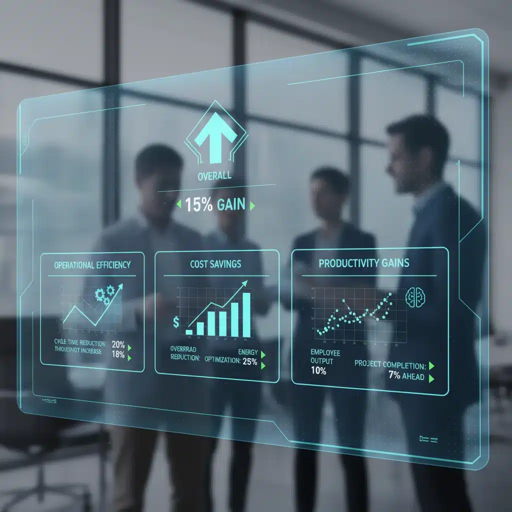 Panel de control digital con indicadores clave de rendimiento (KPIs) mostrando mejoras en eficiencia operativa y ahorro de costes.