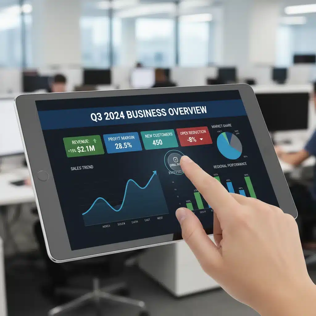 Mano interactuando con un panel de control digital mostrando KPIs y métricas empresariales.