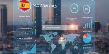 Optimización SEO para Branding Digital en España: Aumenta tu Visibilidad un 15% en 2026 Panel de control de marketing digital con métricas SEO y bandera española, representando el crecimiento del branding digital en España.