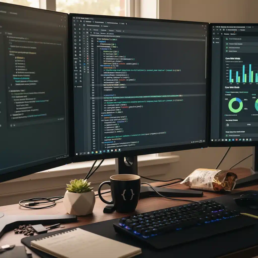Escritorio de desarrollador web con código de implementación de imágenes responsivas, lazy loading y métricas de Core Web Vitals.