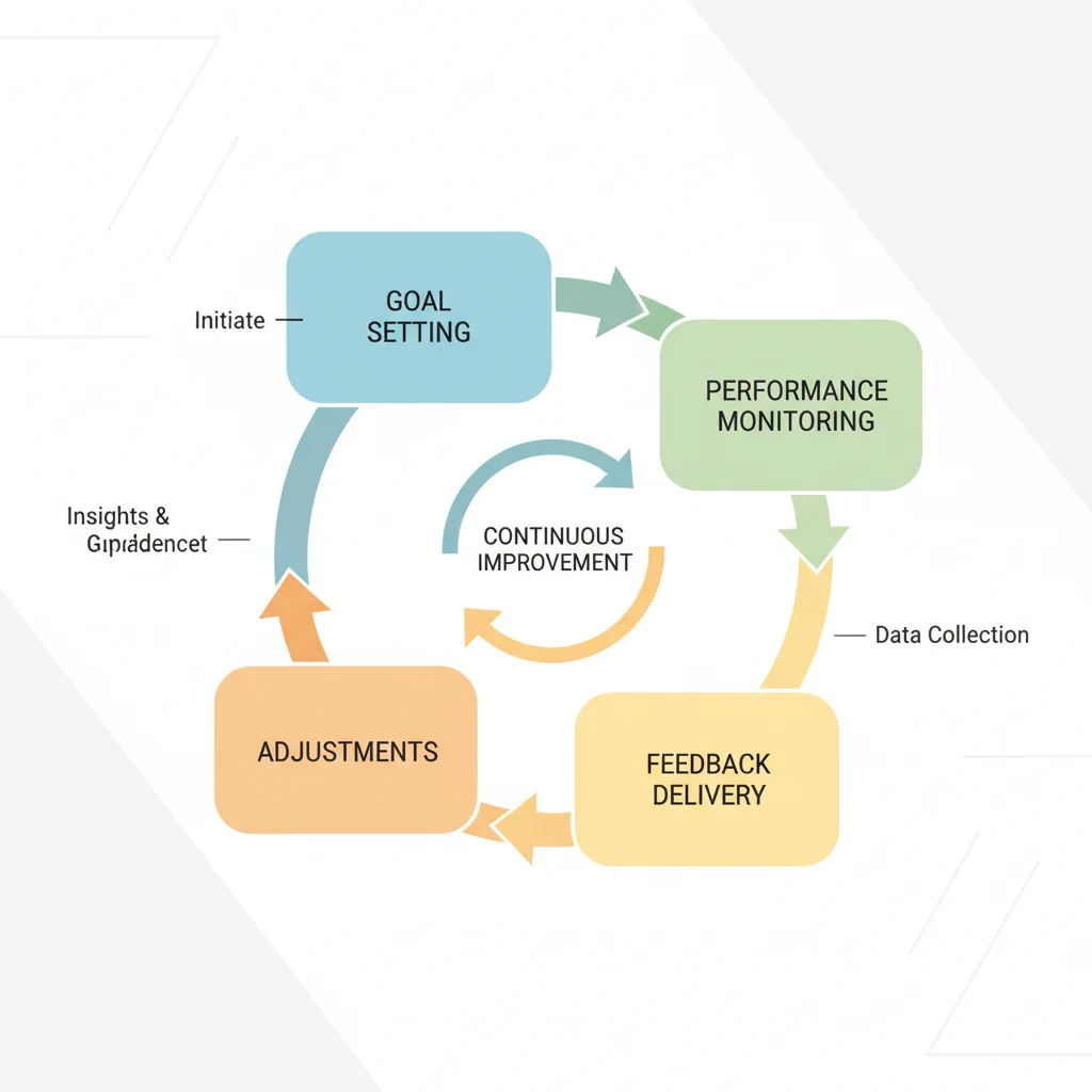 Diagrama de bucle de retroalimentación de rendimiento con etapas de establecimiento de metas, monitoreo y ajustes.