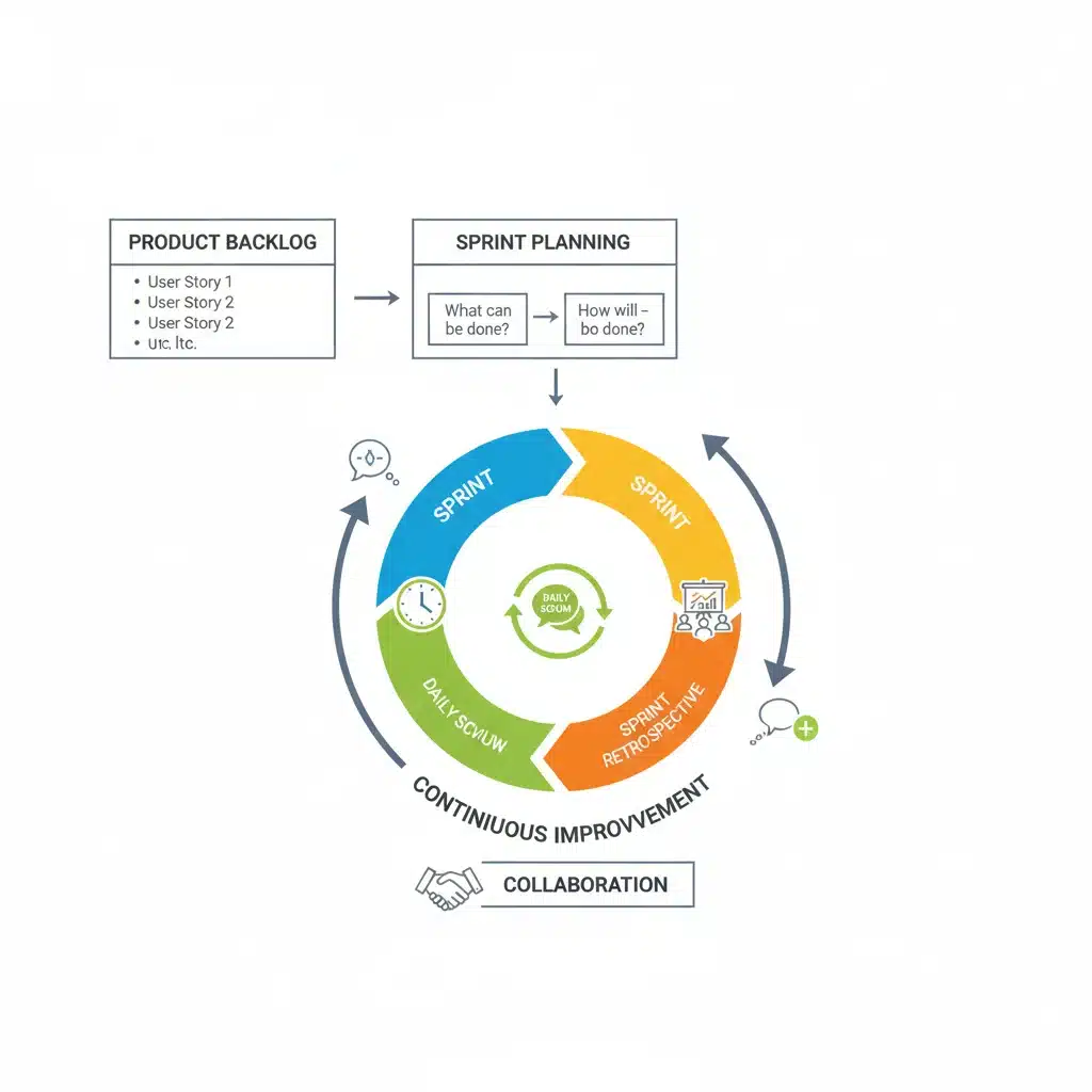 Diagrama del ciclo de vida de Scrum, destacando sus fases iterativas y colaborativas para el desarrollo de proyectos.
