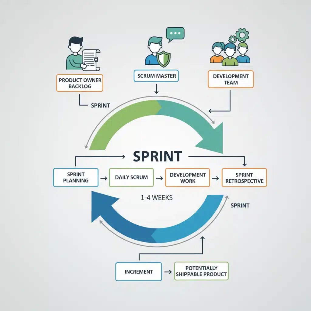Diagrama del marco de trabajo Scrum mostrando roles y eventos clave.