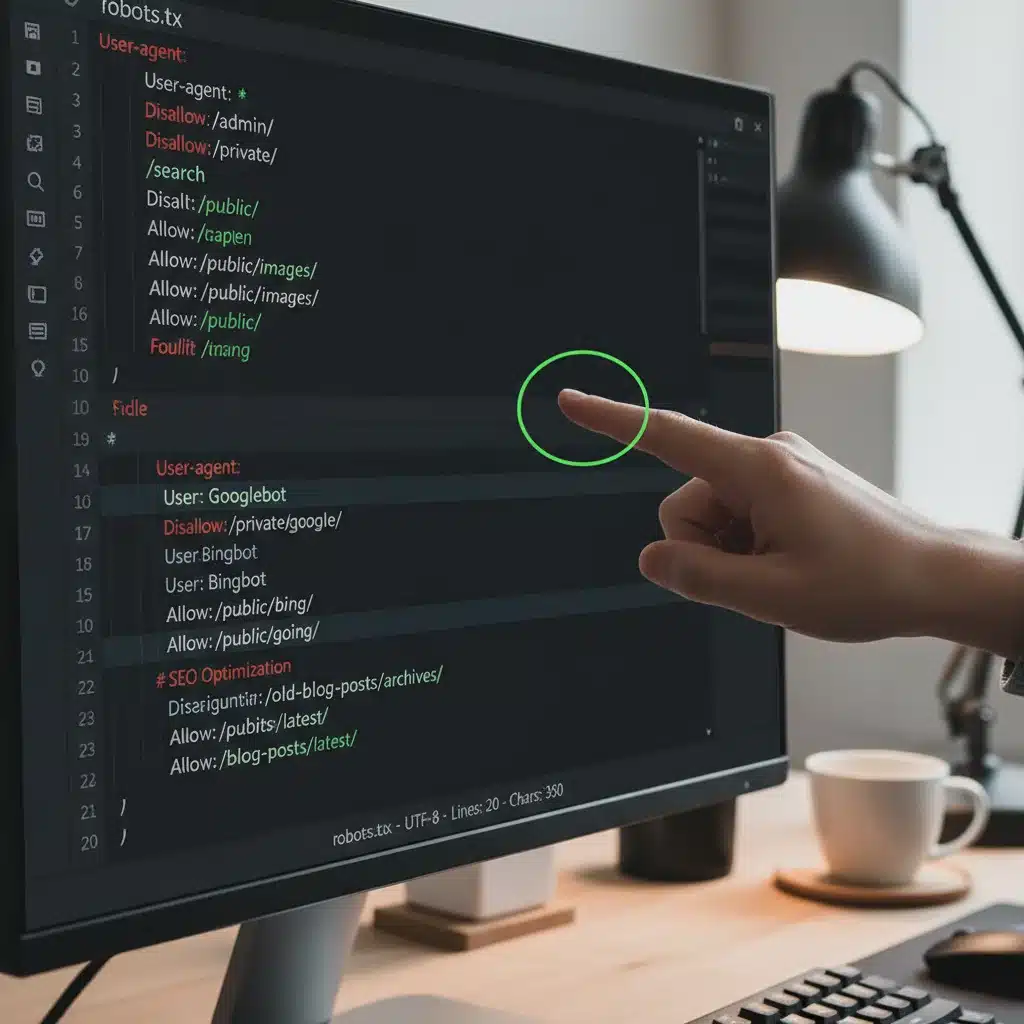 Ejemplo de directivas Disallow y Allow en un archivo robots.txt para optimización SEO.