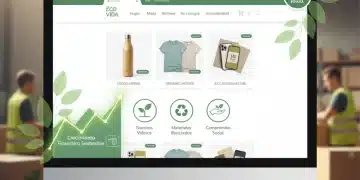 Captura de pantalla de un e-commerce sostenible con productos ecológicos y gráficos de crecimiento, ambientado en España.