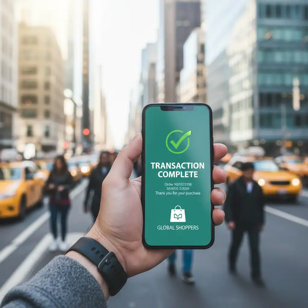 Mano sosteniendo un smartphone con compra online exitosa, reflejando experiencia de cliente.
