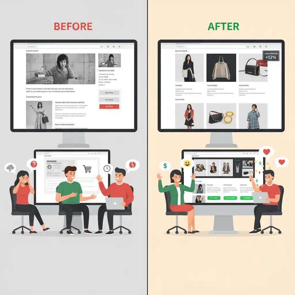 Comparativa de e-commerce lento vs. optimizado, mostrando mejora en conversión