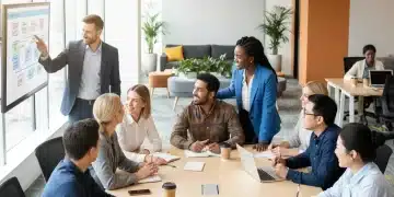 Reducir Rotación Personal: Caso de Éxito Empresarial 2026 Empleados felices colaborando en un entorno de oficina moderno y productivo.