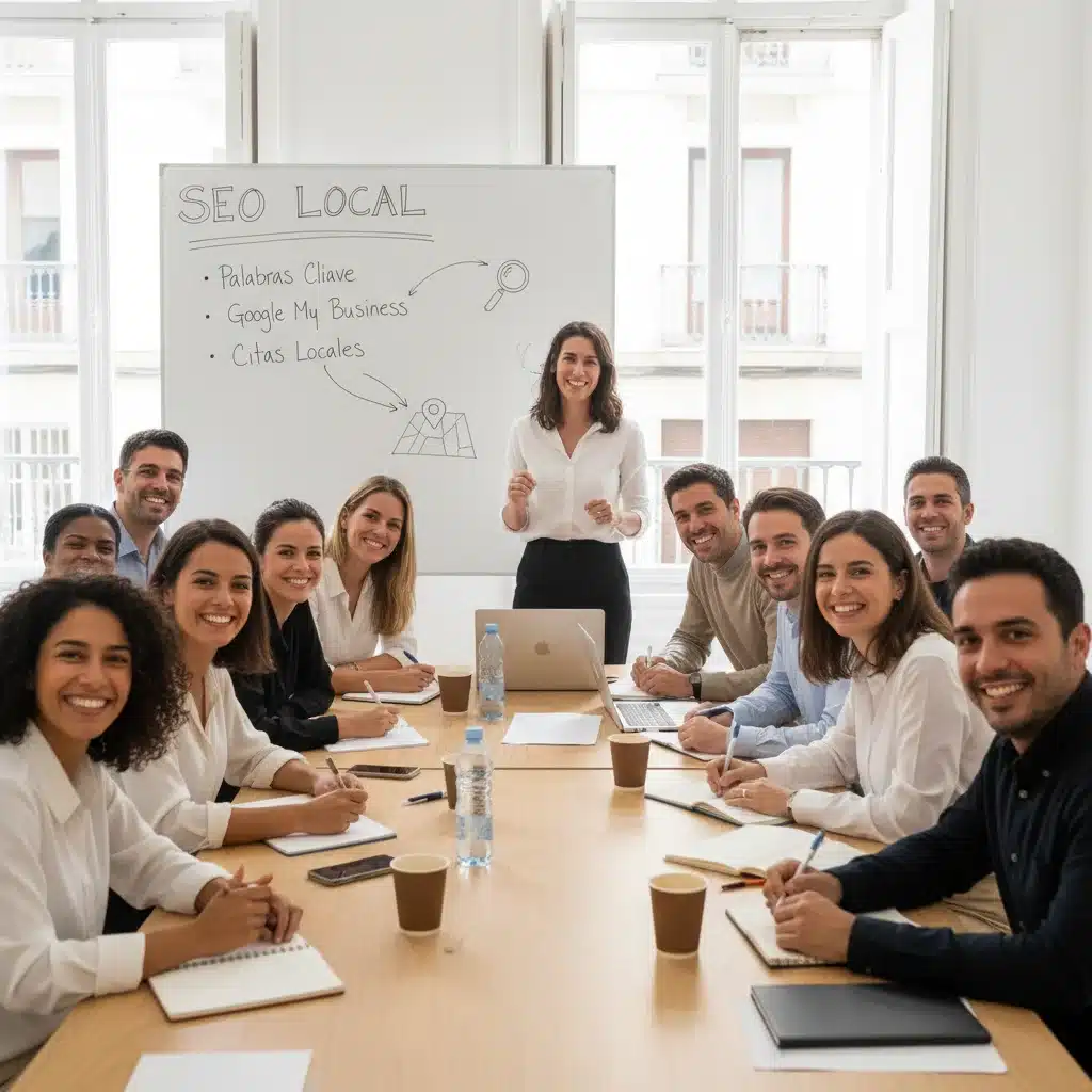 Emprendedores españoles aprendiendo sobre estrategias de SEO local en un taller.