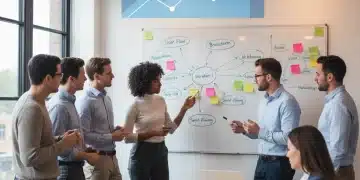 Equipo colaborando con metodologías ágiles en pizarra, logrando un 18% de aumento de productividad.