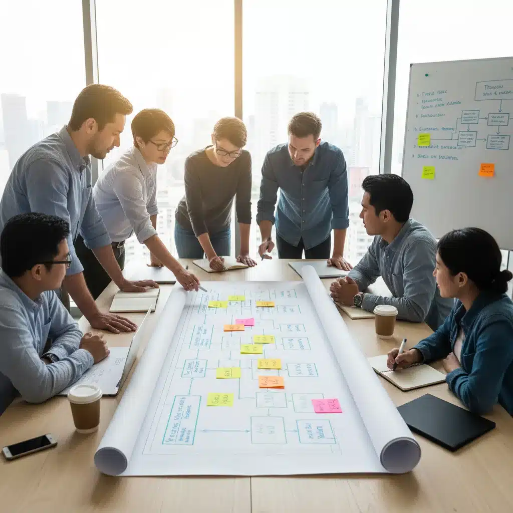Equipo de trabajo analizando un diagrama de flujo de procesos para identificar puntos de mejora y optimización.