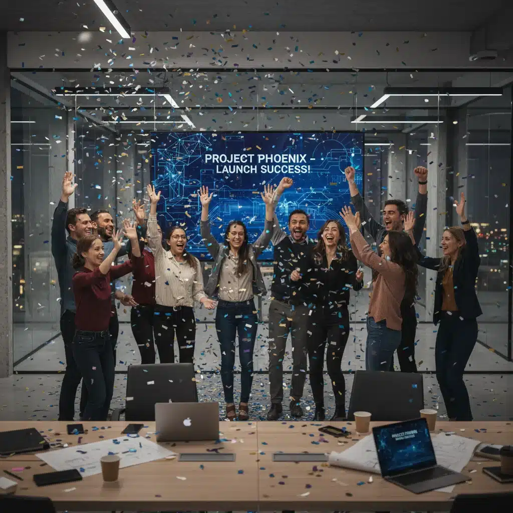 Equipo celebrando el éxito de un proyecto de transformación digital