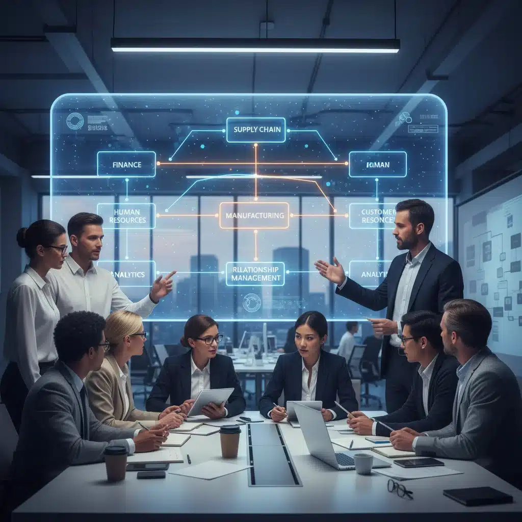 Equipo colaborando frente a una pantalla táctil, revisando módulos ERP integrados y discutiendo flujos de datos.