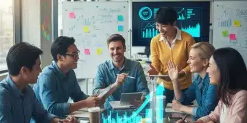 Equipo diverso colaborando eficientemente en una oficina moderna, con gráficos de productividad en ascenso.