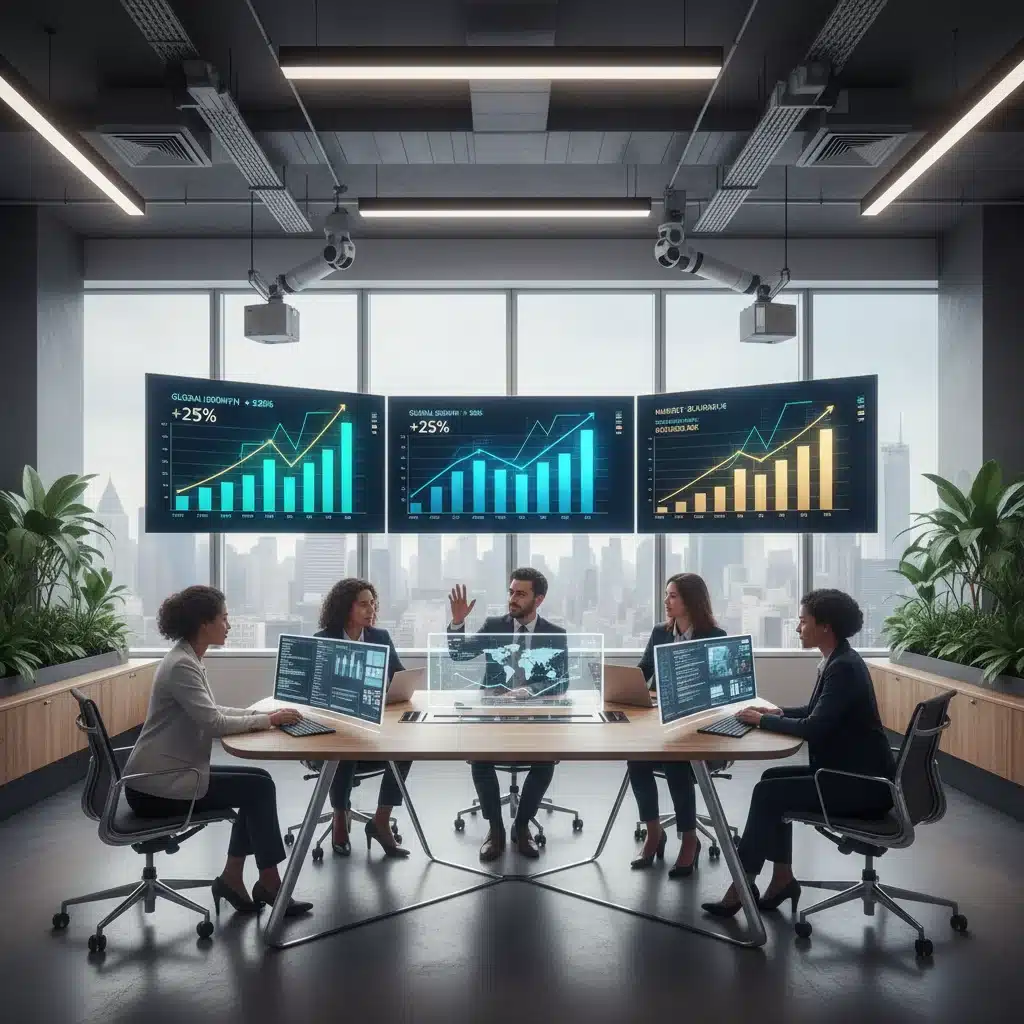Oficina moderna con equipo colaborando en desarrollo tecnológico y crecimiento