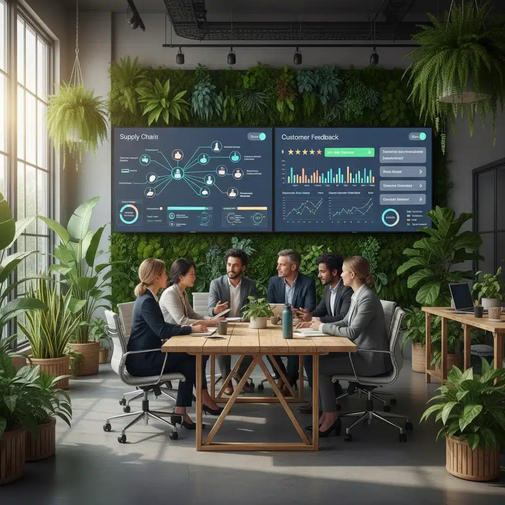 Equipo de e-commerce sostenible colaborando en una oficina ecológica, analizando datos de cadena de suministro.
