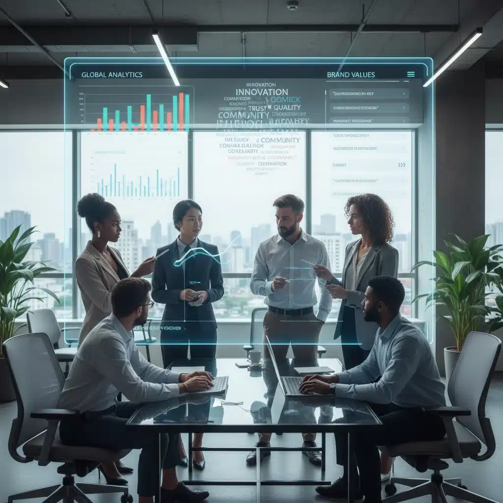 Equipo de profesionales analizando datos de branding digital en pantalla interactiva, simbolizando la toma de decisiones estratégicas.