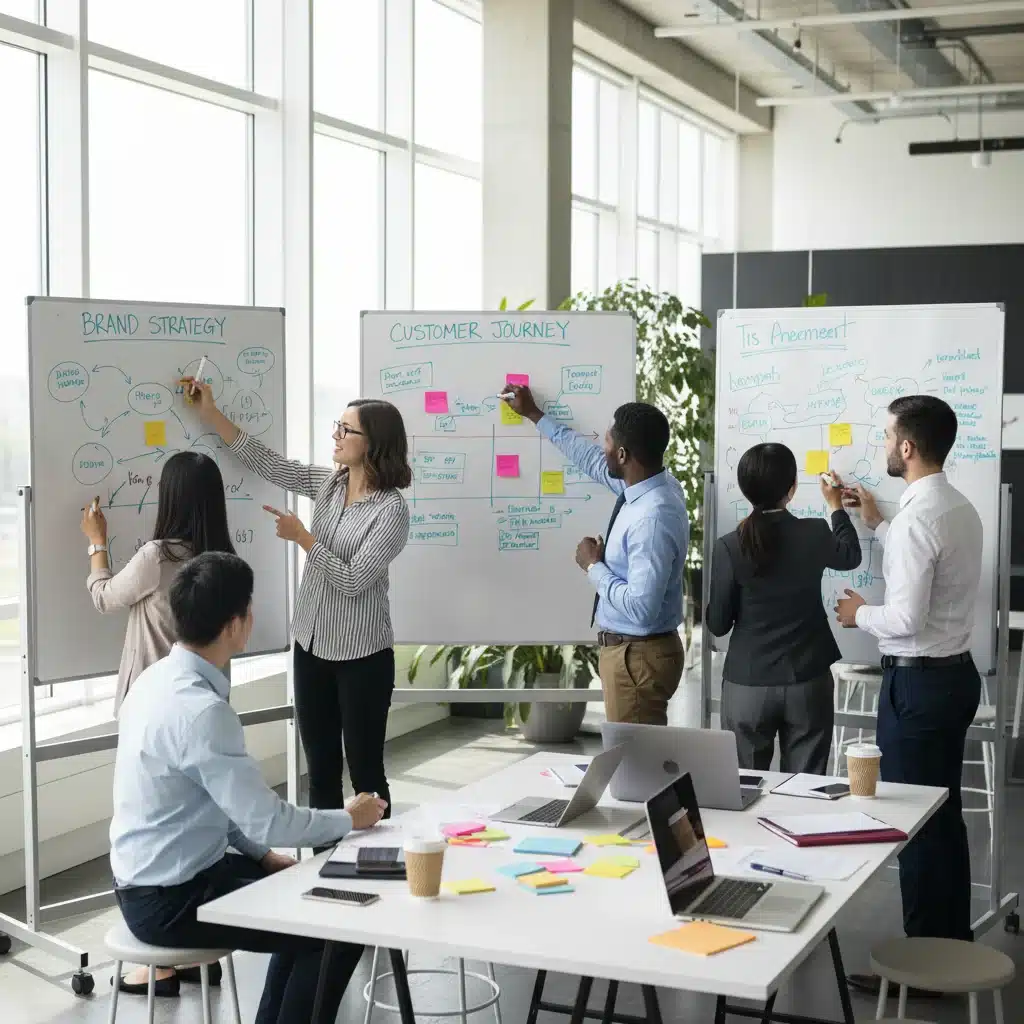 Equipo de profesionales colaborando en una estrategia de branding, visualizando ideas y mapas de recorrido del cliente en una oficina moderna.