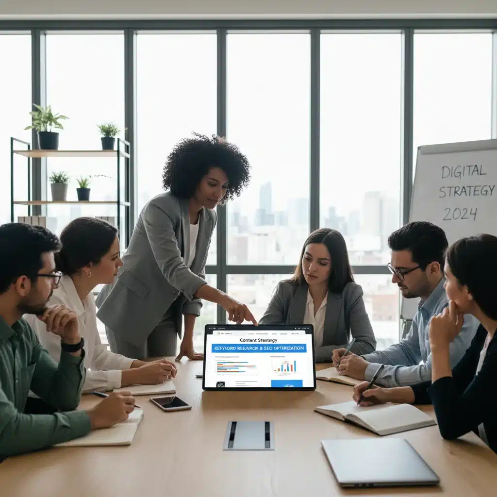 Equipo de profesionales colaborando en una estrategia de contenido y palabras clave para SEO.