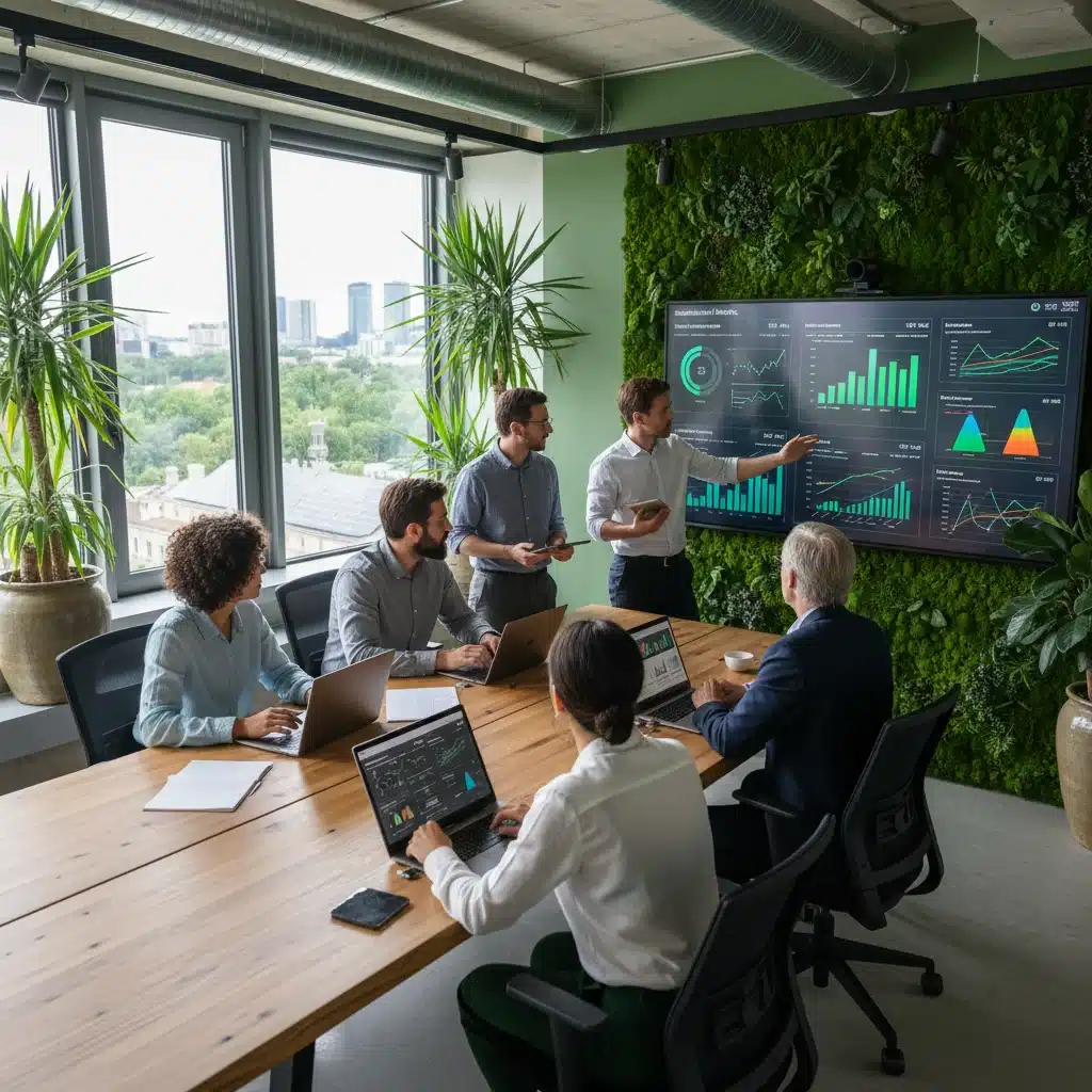 Equipo de profesionales colaborando en estrategias de reducción de carbono en una oficina sostenible.