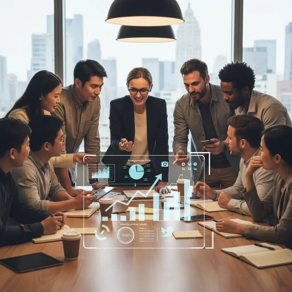Equipo de marketing español analizando datos de redes sociales y gráficos de engagement, planificando futuras estrategias de branding.