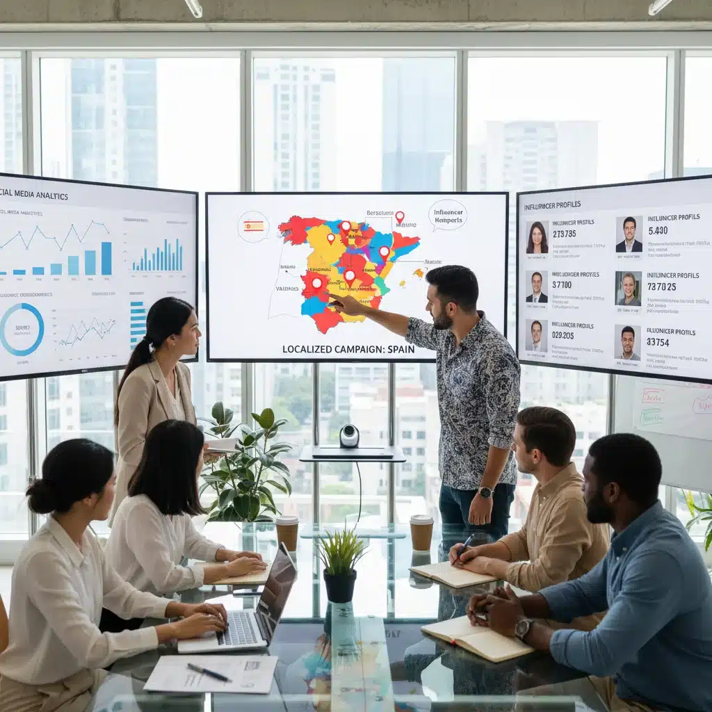 Equipo de marketing digital colaborando en una estrategia de micro-influencers en España, analizando datos y perfiles.
