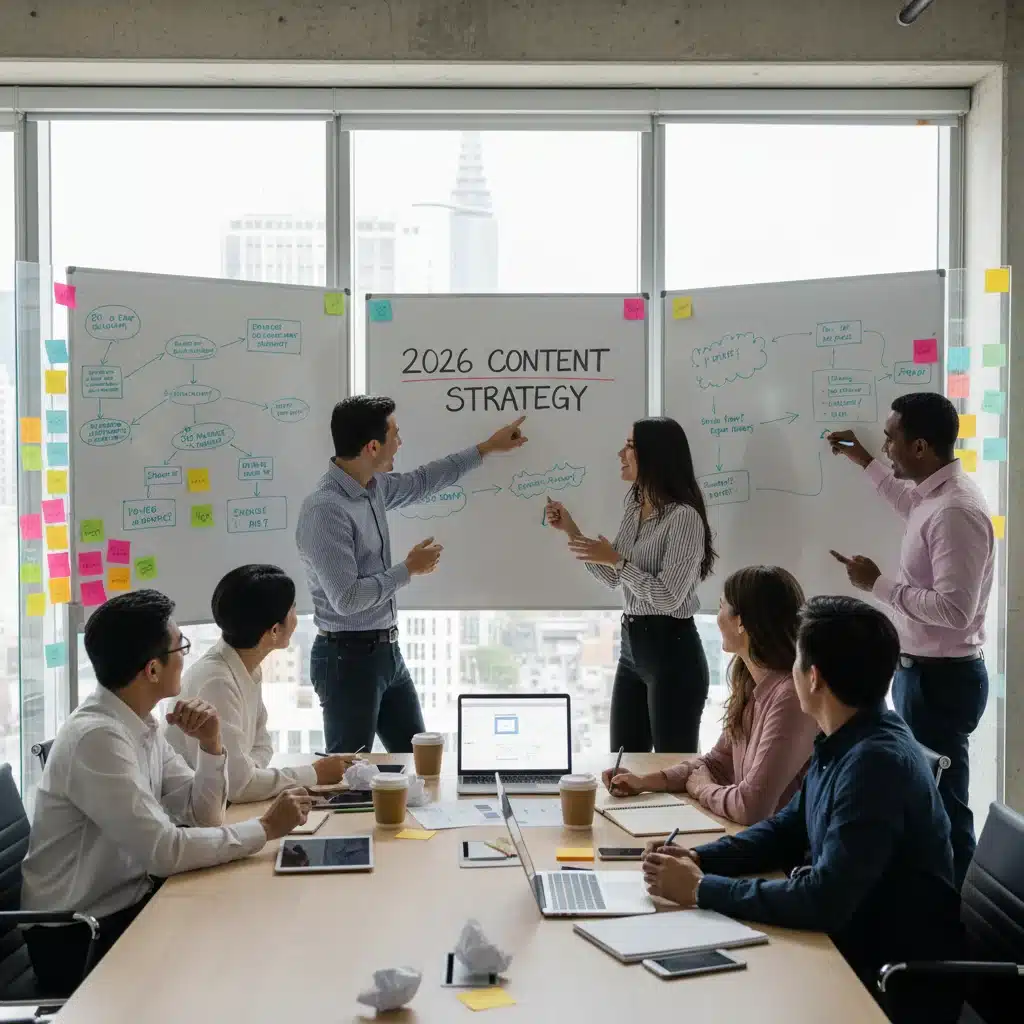 Equipo de marketing colaborando en ideas de contenido estratégico para 2026